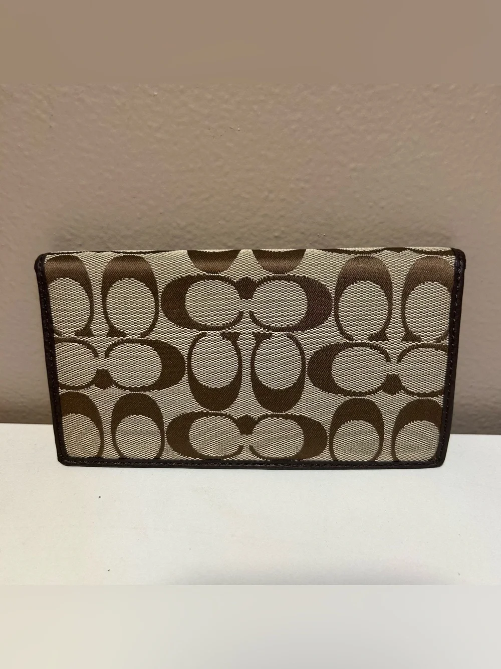 Coach Signature CC Khaki Brown Checkbook Cover Wallet Pen Holder